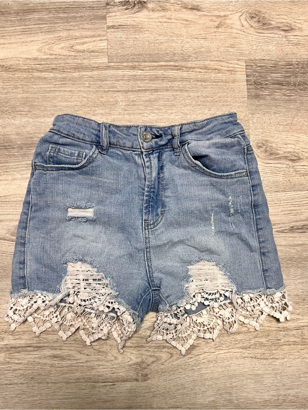 Almost Famous Light Blue Denim Crochet-Hem Shorts